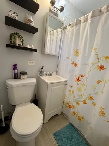 a bathroom with a sink toilet and shower curtain