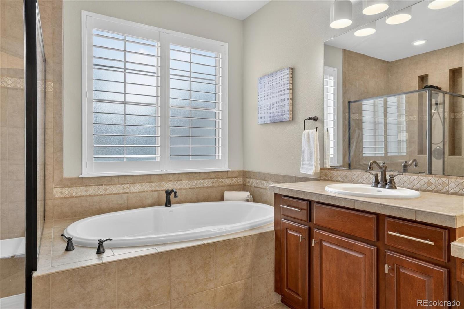 10126 RidgeGate Circle Lone Tree, CO 80124 - Photo 21 of 32 a bathroom with a granite countertop sink and a bathtub