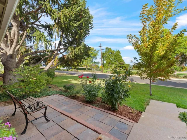 a view of backyard with table and chairs and potted plants