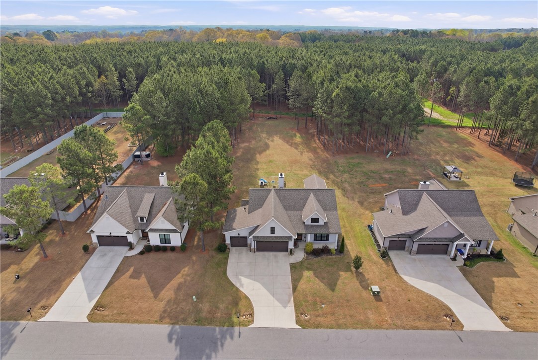 127 West Stewart Street Pelzer, SC 29669 - Photo 23 of 23 This aerial view showcases several homes with ample yard space, backing onto a serene wooded area.