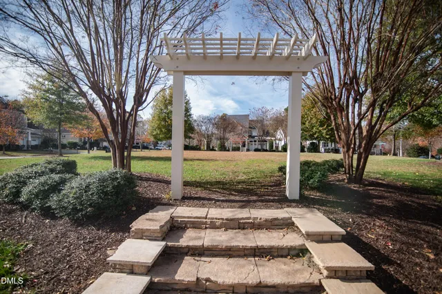 a view of a yard with plants and a fountain