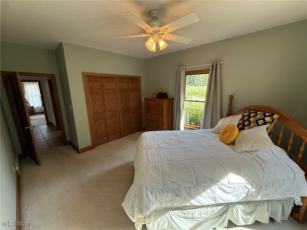2178 Pleasant Valley Road Northeast New Philadelphia, OH 44663 - Photo 29 of 50 Bedroom featuring carpet, a closet, and a ceiling fan