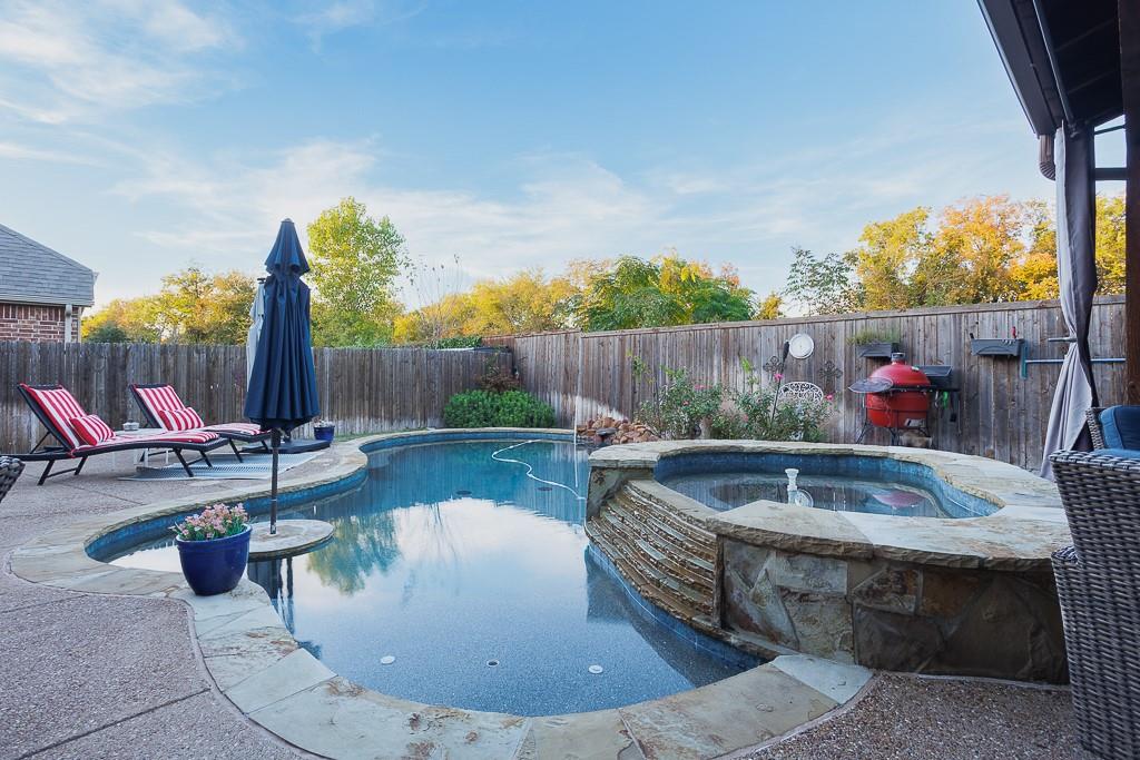 4505 Evenstar Way Plano, TX 75074 - Photo 27 of 29 View of pool with a fenced backyard, a pool with connected hot tub, and a patio area