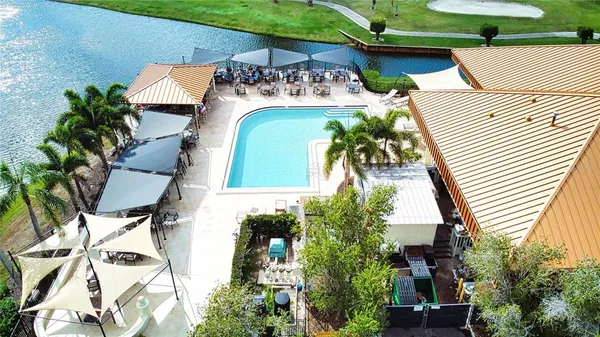 an outdoor space with furniture