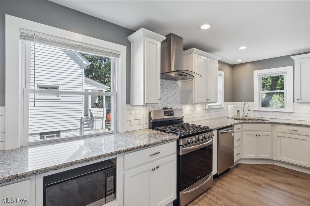1567 Roselawn Road Cleveland, OH 44124 - Photo 5 of 29 Kitchen featuring tasteful backsplash, light wood-type flooring, appliances with stainless steel finishes, sink, and wall chimney exhaust hood