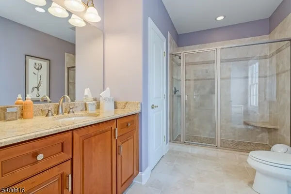 a bathroom with a granite countertop sink mirror toilet and shower
