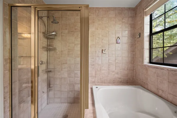 a bathroom with a shower and a bathtub