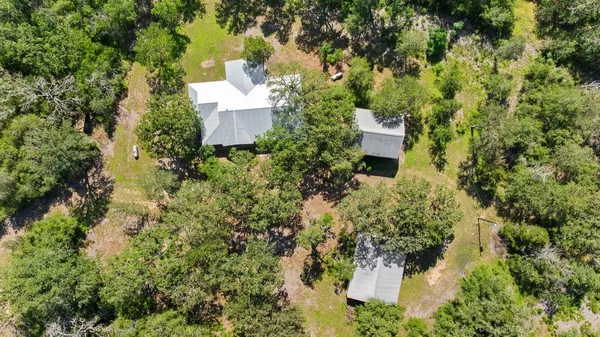 an aerial view of a house with a yard and large trees