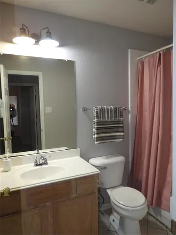 a bathroom with a sink a toilet a mirror and shower curtain