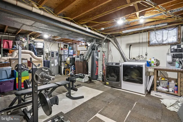 a view of a storage room with furniture
