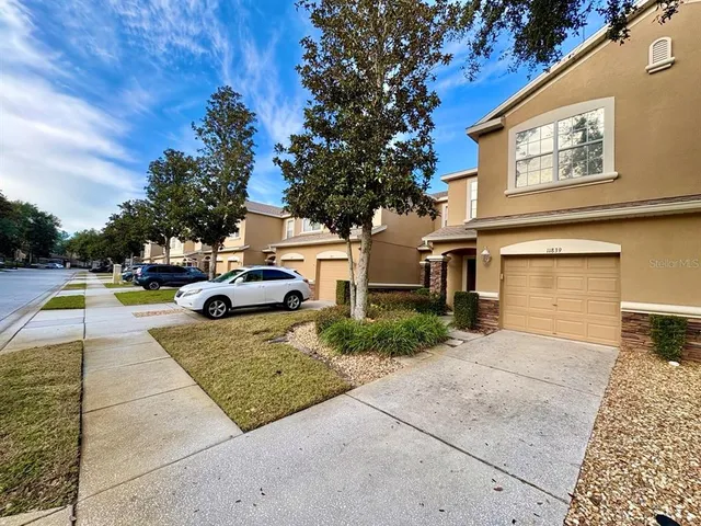 a view of a yard with car parked
