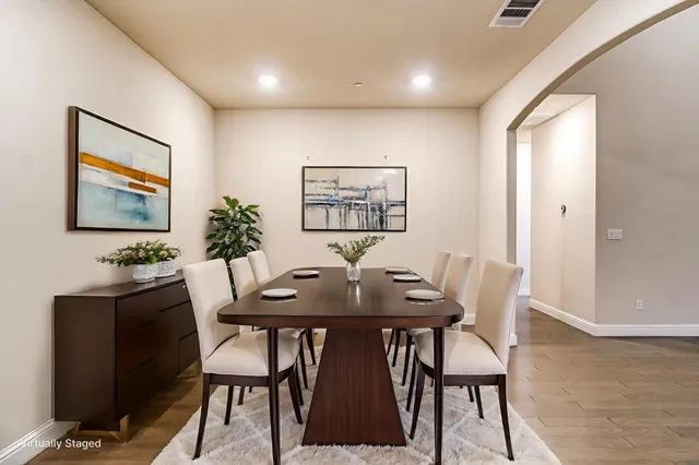a view of a dining room with furniture