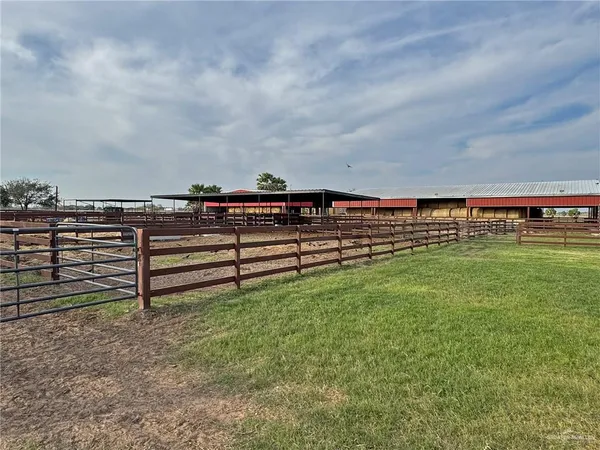 a view of a big yard with wooden fence