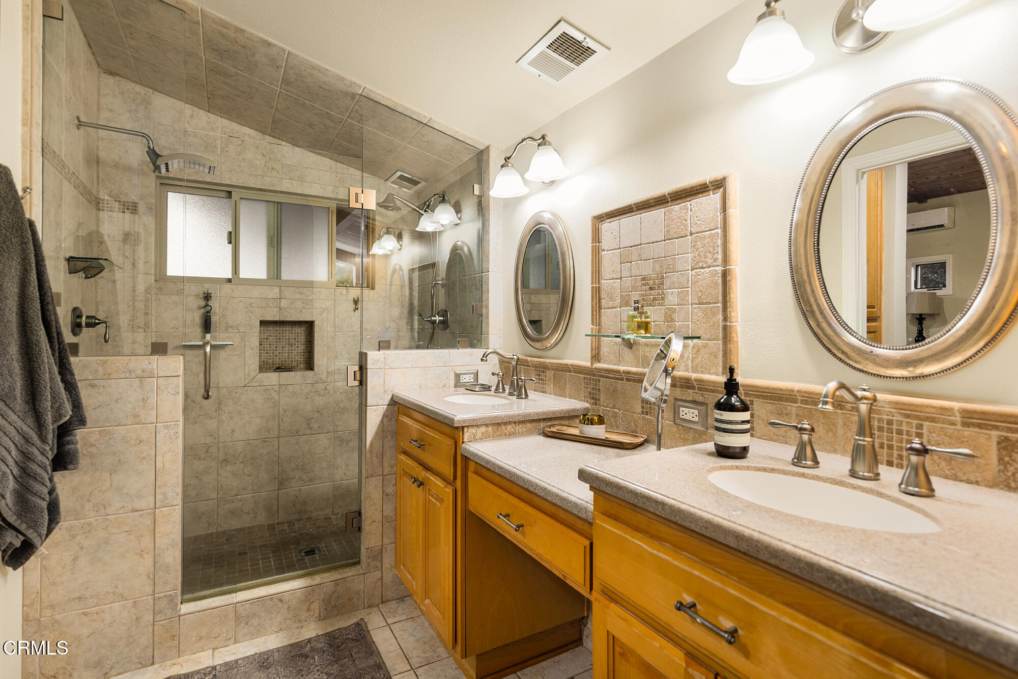 12475 Christmas Tree Road Ojai, CA 93023 - Photo 22 of 50 a bathroom with a granite countertop double vanity sink mirror and shower