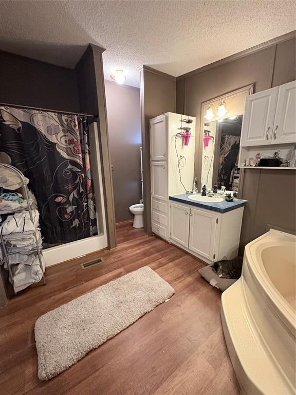 6295 Rendon New Hope Road Fort Worth, TX 76140 - Photo 22 of 38 Bathroom featuring a garden tub, vanity, a shower with curtain, light wood-type flooring, and a textured ceiling
