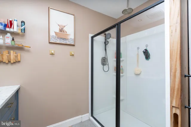 a bathroom with a shower and a sink