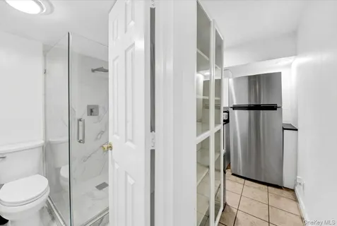 a bathroom with a shower and a toilet