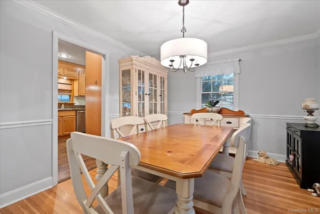 a view of a dining room with furniture wooden floor and chandelier