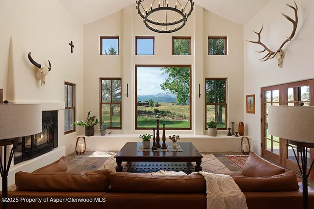 a living room with furniture a fireplace and a floor to ceiling window