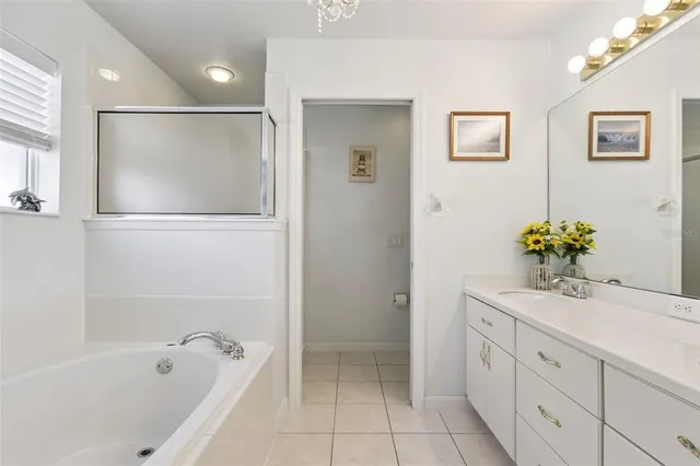 a bathroom with a tub sink and mirror