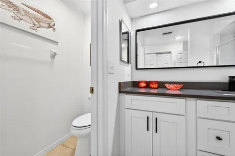 a bathroom with a sink a toilet and mirror