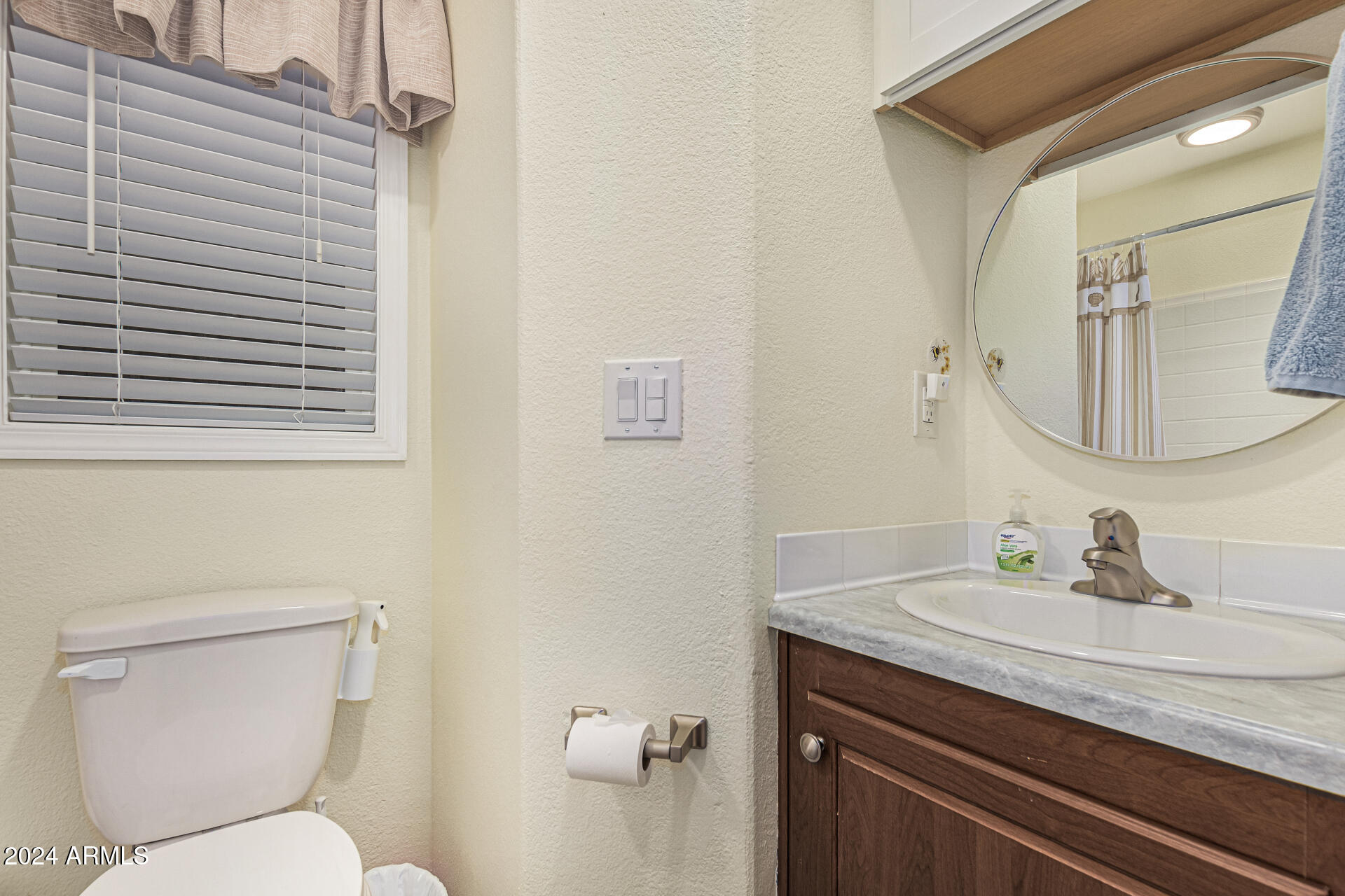 10220 East Apache Trail, Unit 213 Apache Junction, AZ 85120 - Photo 18 of 30 a bathroom with a toilet a sink and mirror