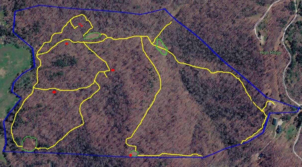 1562 High Ridge Road Middleburg, KY 42541 - Photo 46 of 46 Yellow=trails, green=food plots, red=tree stands