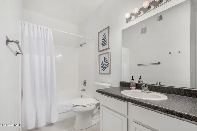 a bathroom with a granite countertop sink a toilet and a mirror