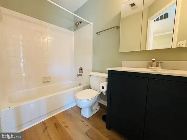 a bathroom with a bathtub sink mirror vanity and toilet