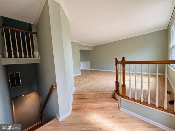 a view of staircase with lots of frames on wall and staircase