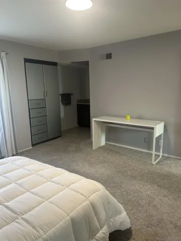 a bedroom with a bed and a cabinets