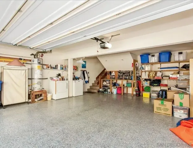 a view of a garage with storage