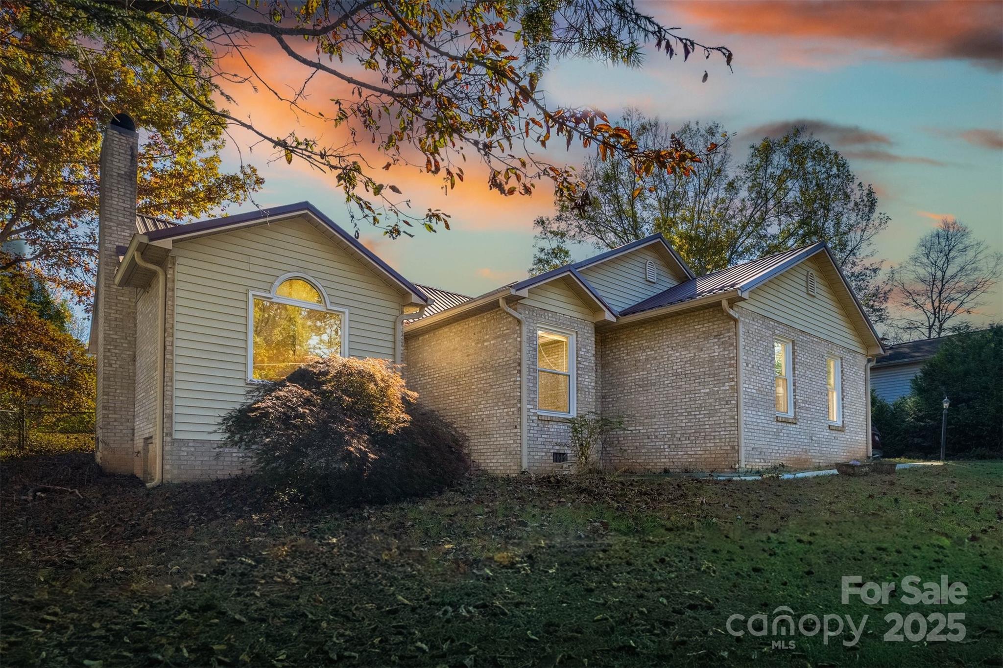 a view of a house with a small yard and a large tree