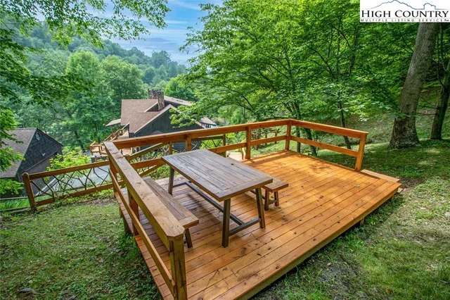 a view of a wooden deck and a yard