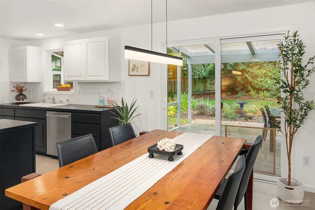 a view of a dining room with furniture window and outside view