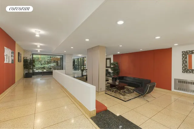 a lobby with furniture