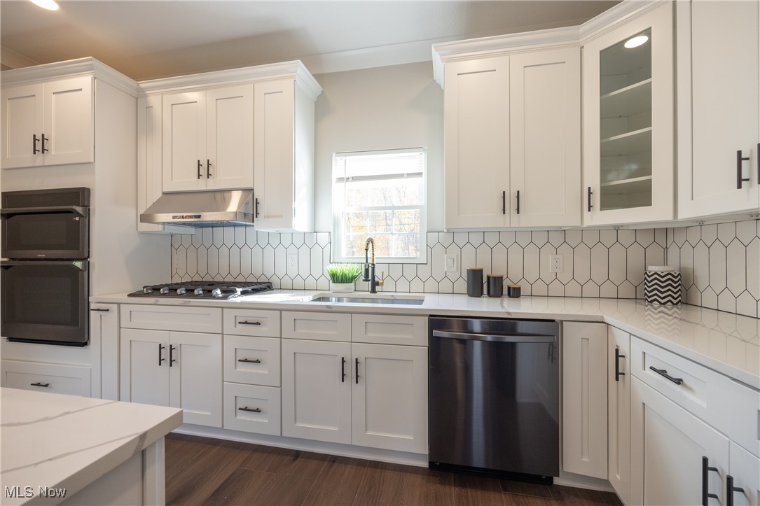2443 Rockefeller Road Wickliffe, OH 44092 - Photo 4 of 41 Kitchen featuring sink, appliances with stainless steel finishes, wall chimney range hood, tasteful backsplash, and white cabinetry