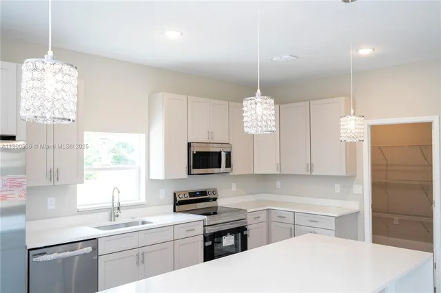 a kitchen with a sink a window and stainless steel appliances