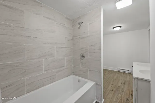 a bathroom with a bathtub