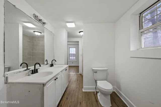 a bathroom with a toilet a sink and mirror