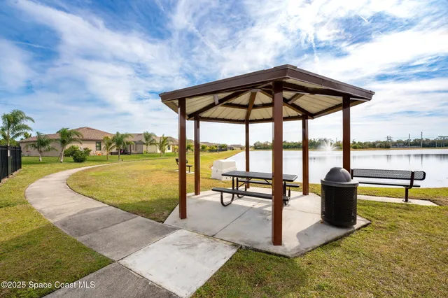 an outdoor space with seating