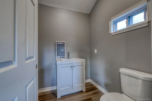 a bathroom with a toilet a sink and wooden floor