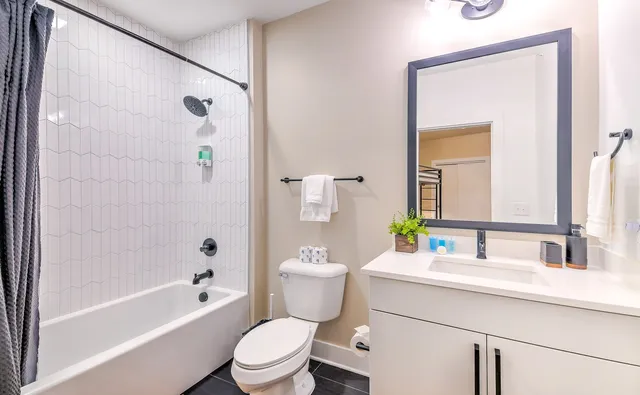 a bathroom with a sink a toilet a mirror a vanity and shower