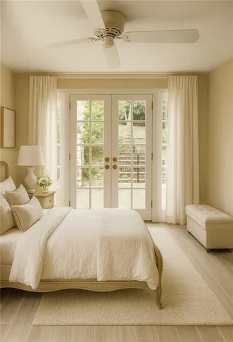 a bedroom with a bed and glass walk in closet