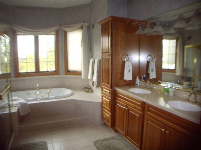 3085 West Forest Road Freeport, IL 61032 - Photo 8 of 9 a bathroom with a sink double vanity granite tub shower and a mirror