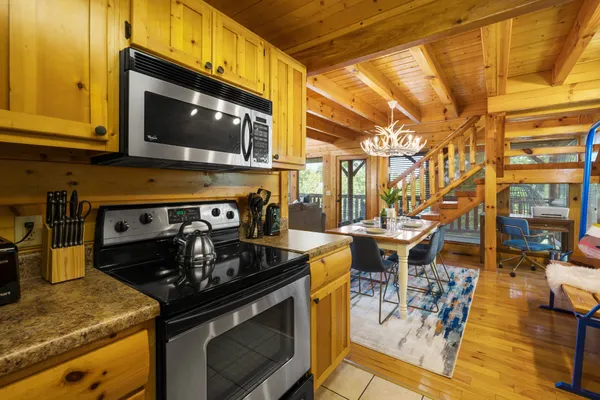 a kitchen with lots of counter top space