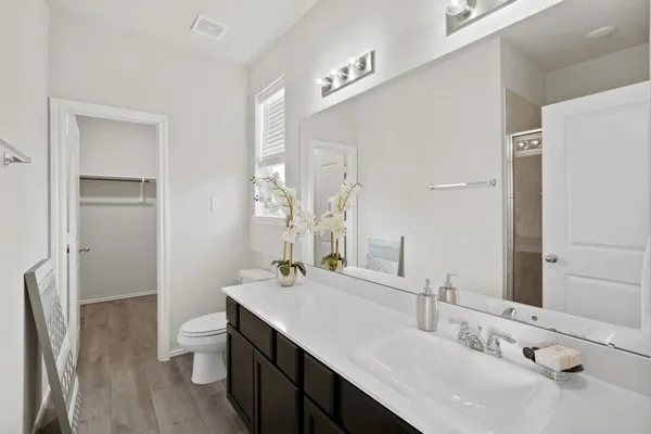 a bathroom with a sink double vanity and a toilet