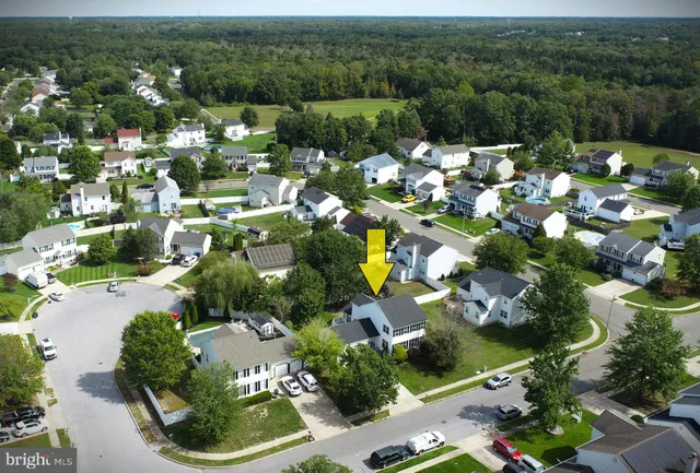 a aerial view of a house with a yard and potted plants