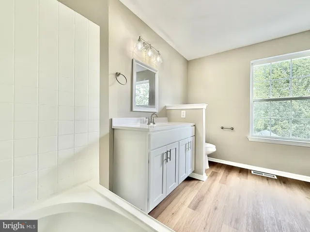 a bathroom with a sink toilet vanity and shower