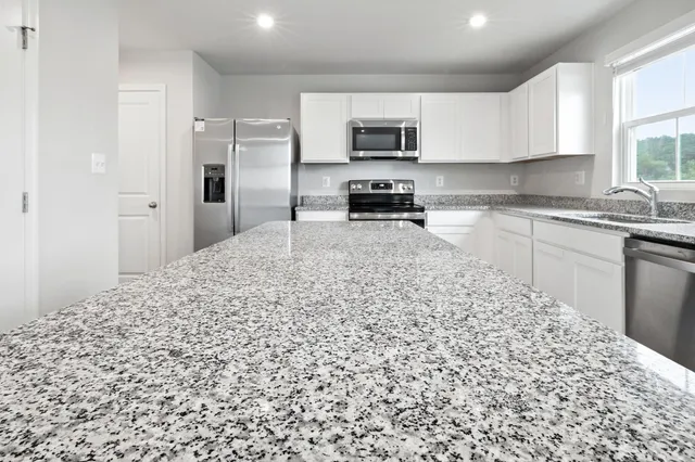 a kitchen with stainless steel appliances granite countertop a stove and a microwave